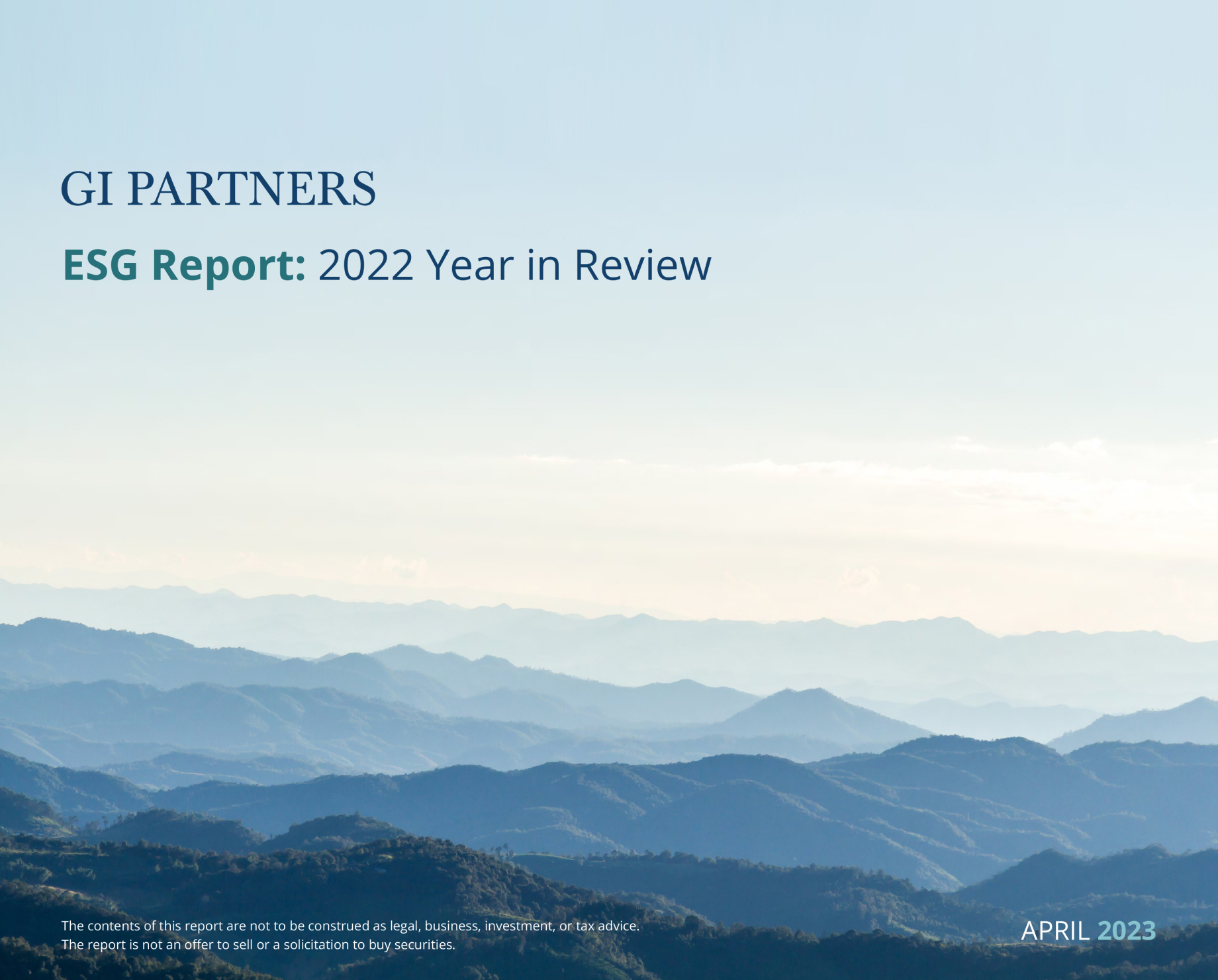 Mountain view with text reading "GI Partners ESG Report 2022 Year in Review."